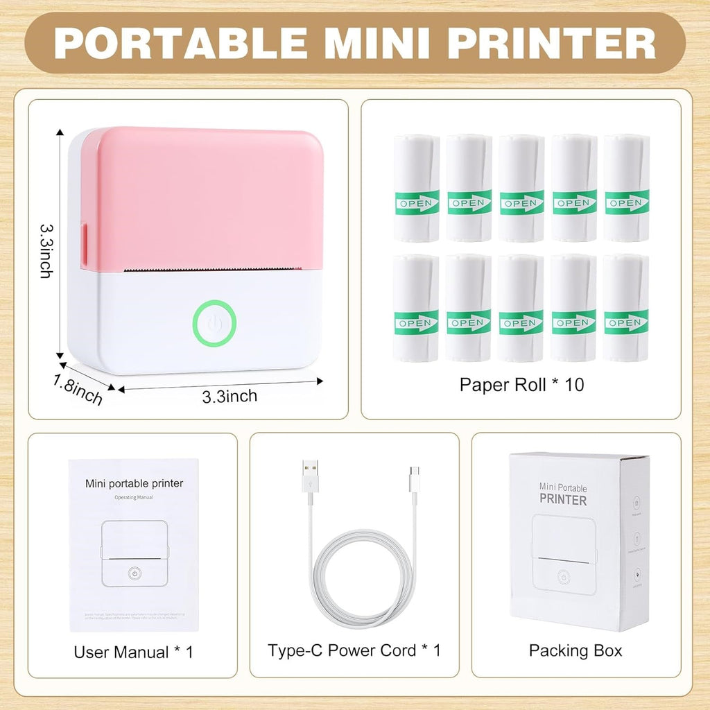 SLOK Thermal Mini Printer, Portable Inkless Bluetooth Sticker Maker with 10 Rolls Paper, Pink