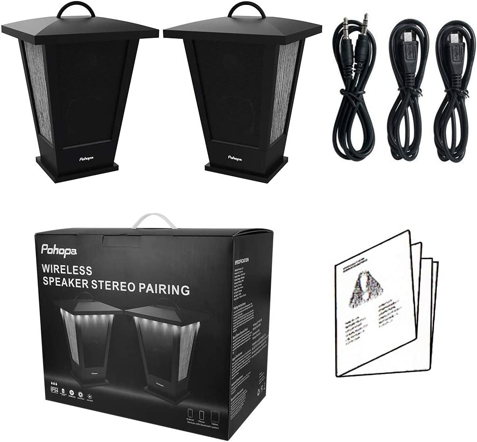 Bluetooth Speakers Waterproof, 2 Packs True Wireless Stereo Sound 20W Dual Pairing Lantern Indoor Outdoor Speakers with 20 Piece LED Lights, Rich Bass, Pinao Black